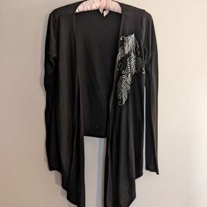 Lightweight Open Front Cardigan Black with Silver Feather Design
